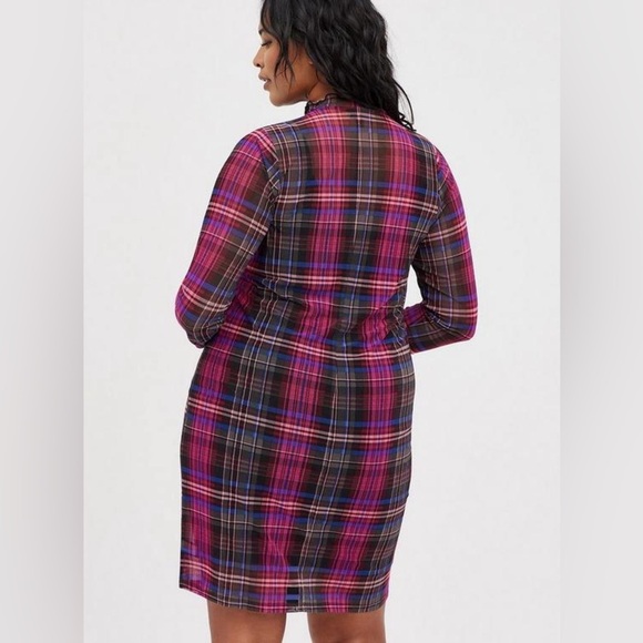 Torrid Sheer Mini Mesh Mock Neck Dress in Plaid Multi - Picture 5 of 9